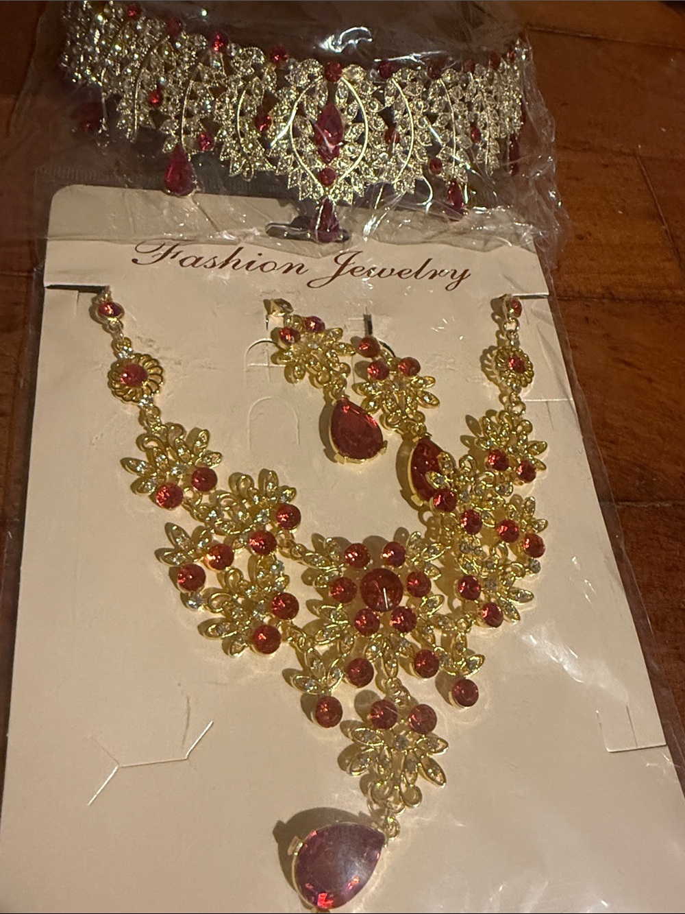 Fashion Jewelry Gold-Tone Necklace with Red Crystal Accents